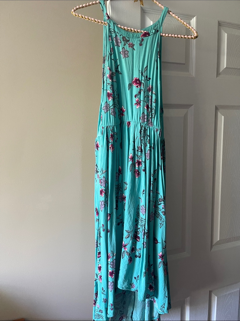 Turquoise Floral Hi-low Dress with Pink Accent Flowers and pockets